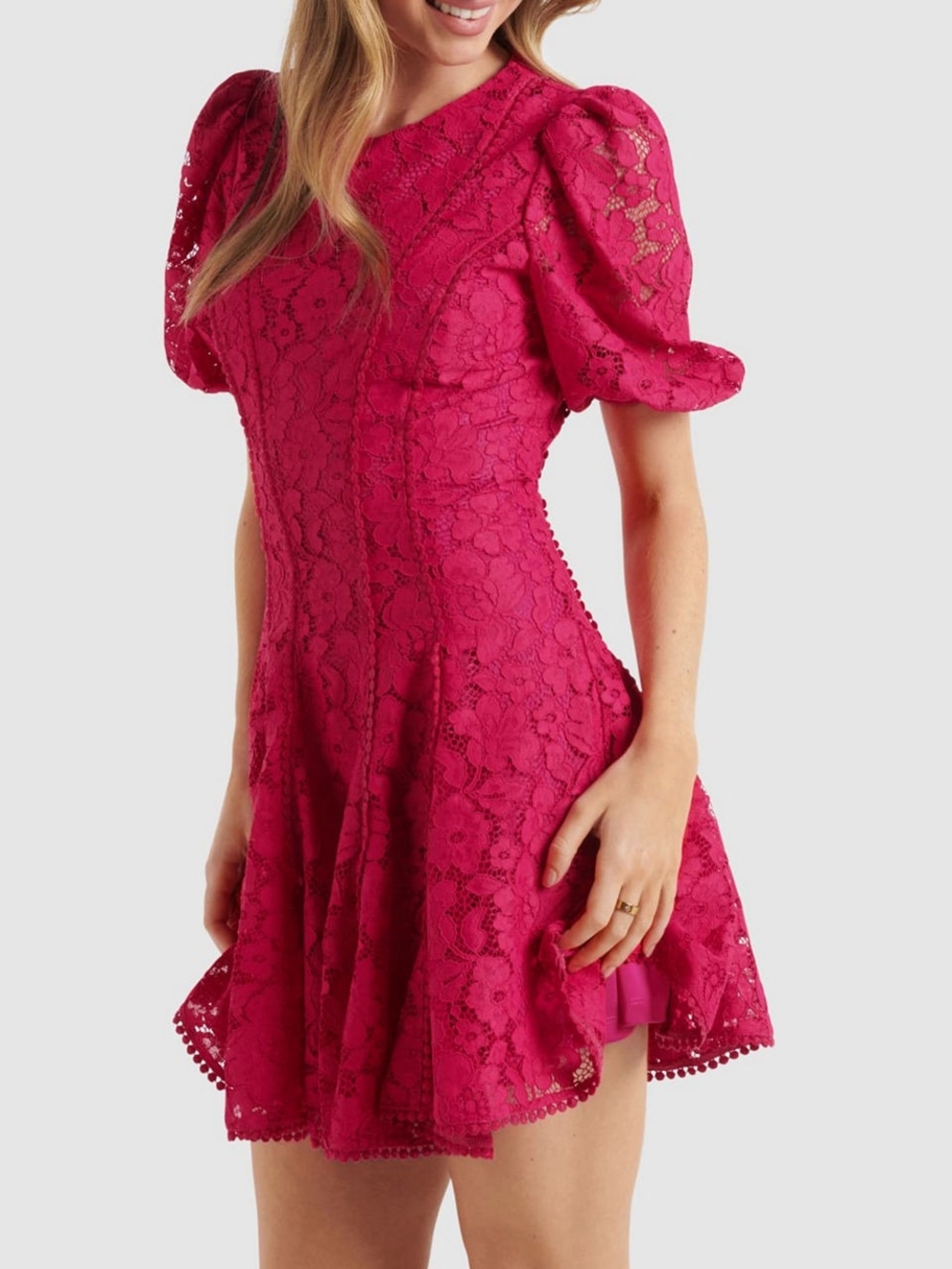 Ever New Milly Lace Trim Mini Dress Bright Rose Pink Puff Sleeve - Picture 3 of 12
